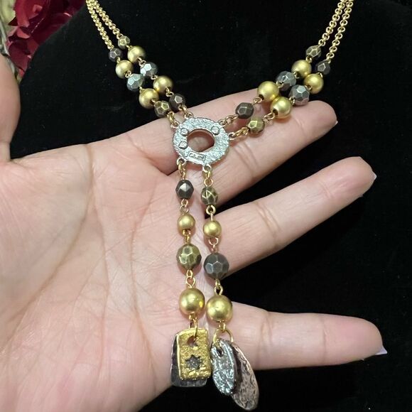 VINTAGE LIZ CLAIBORNE COUTURE MULTICOLOR GOLDEN BYZANTINE STYLE PENDANT NECKLACE - Picture 2 of 3